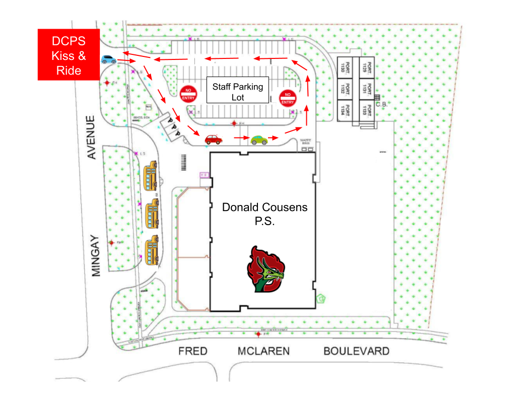 Overhead map of school indicating drop off loop