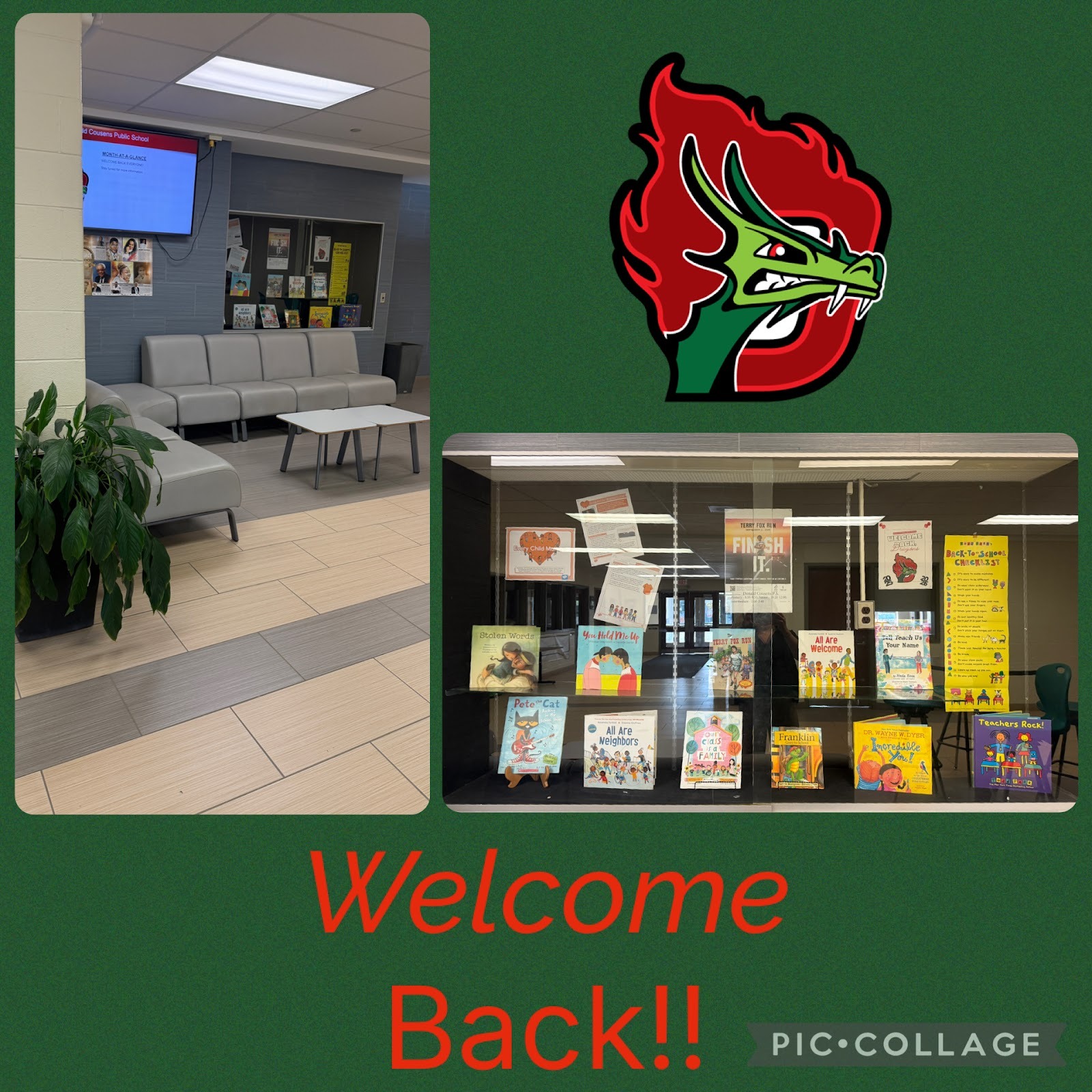 a photo of the front foyer of the school and the display case