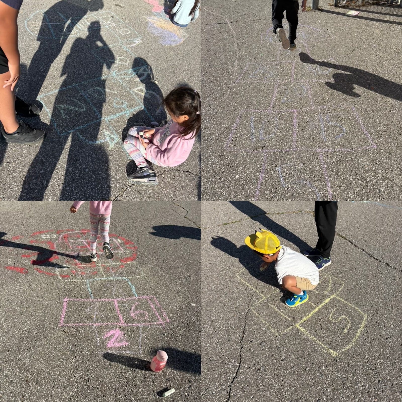 students playing hand drawn hopscotch on pavement