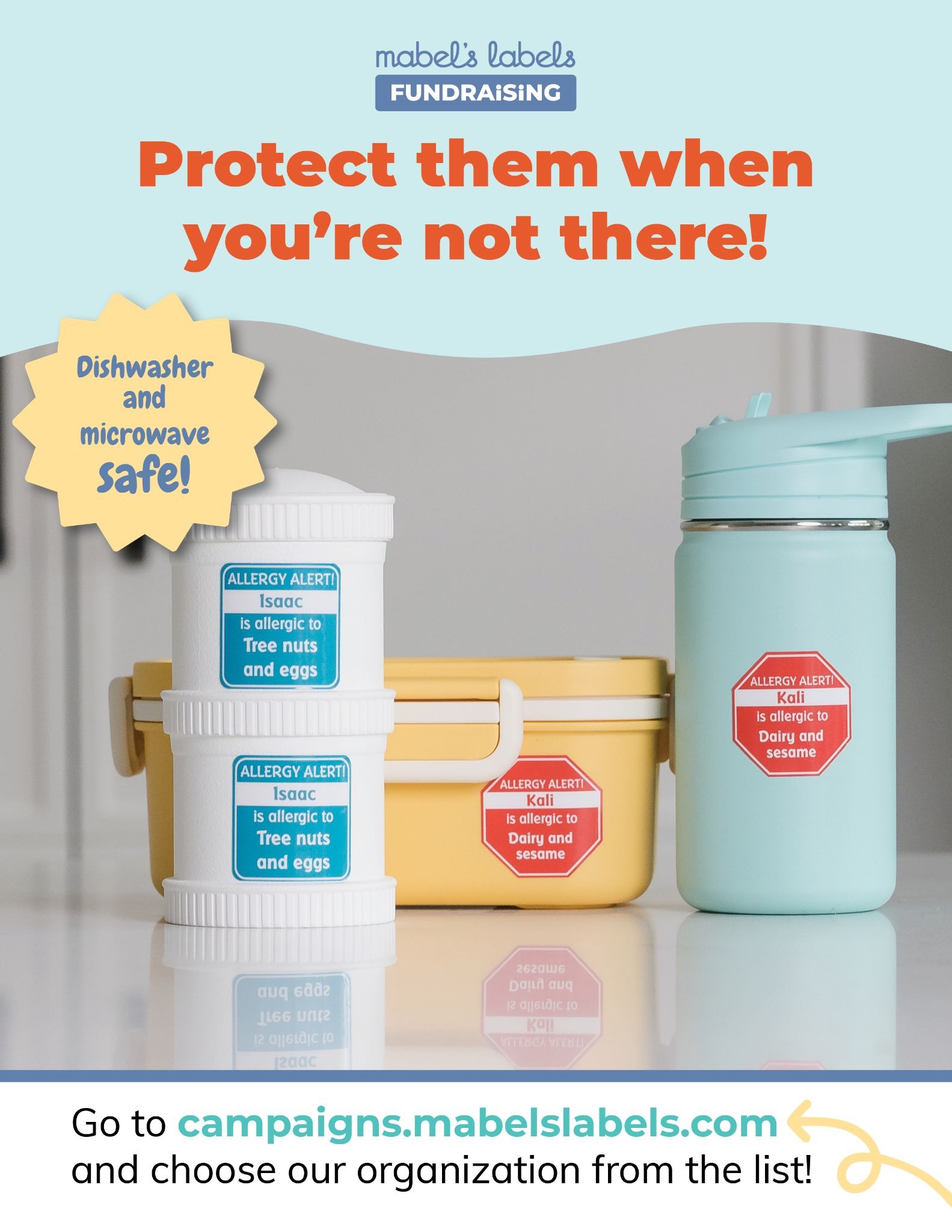 Mabel's Labels poster showing allergy stickers that can be ordered