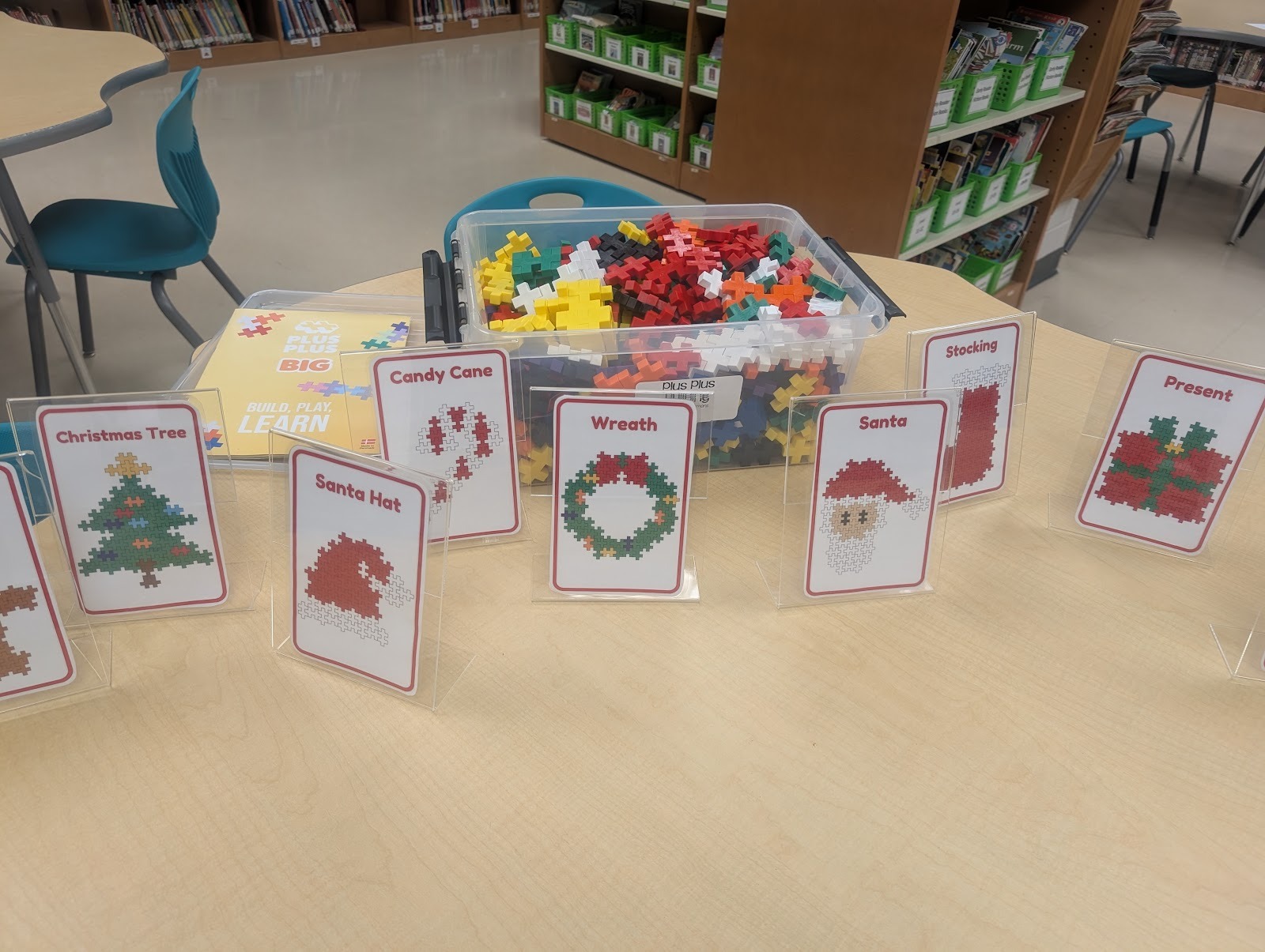 bin with plus plus blocks and diagrams for students to copy