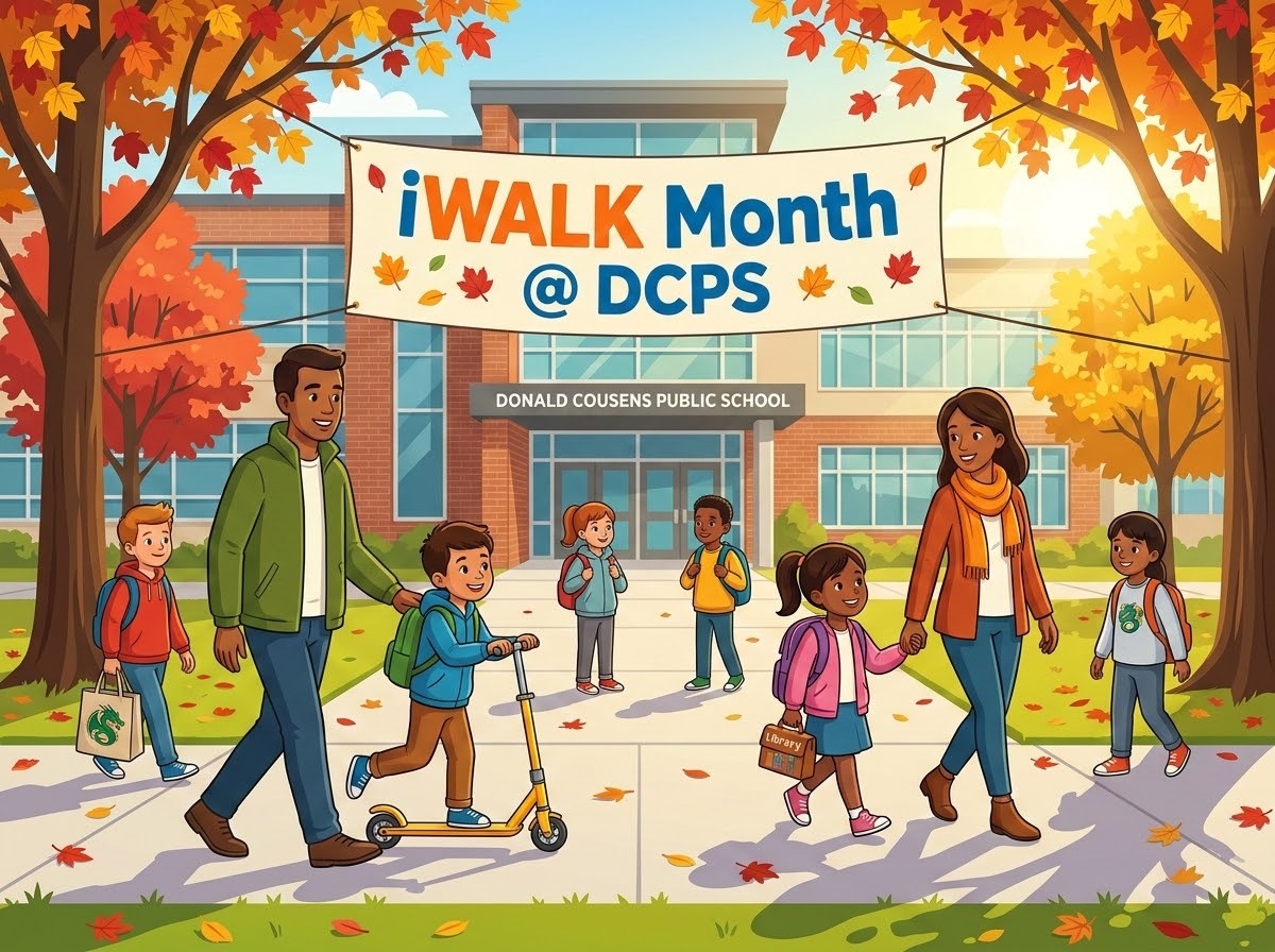 A cheerful illustration of elementary school students and parents walking and riding scooters together to school on a sunny autumn morning. Colorful fall leaves cover the ground and trees, and the school building is visible in the background with an iWALK banner.